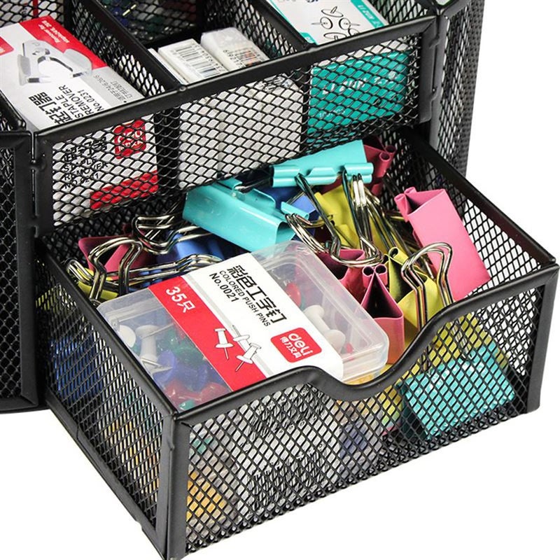 MONBLA Desk Supplies Organizer Multi-functional Stationery Caddy Mesh Oval Pencil Holder Desk Office Supplies Organizer 9 Compartments with Drawer for Note Pads Black - Image 3